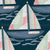 Gouache painterly sail boat in blue with blue, green and red sails on dark blue background. Image