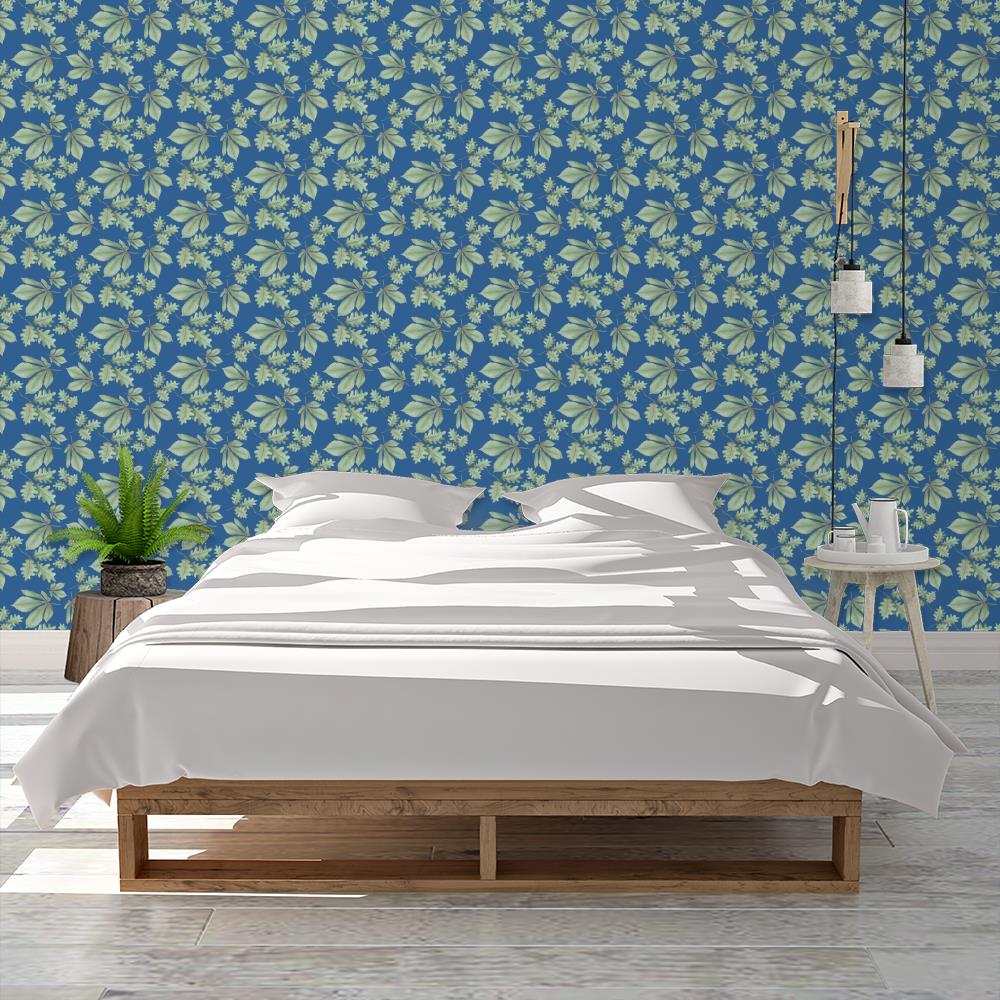 Oak and Chestnuts Leaves Wallpaper on Blue