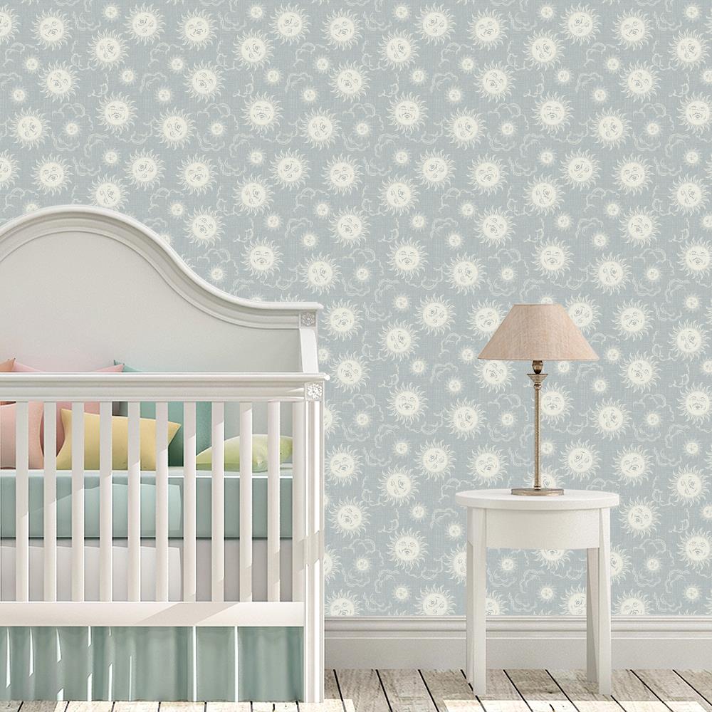 blue nursery wallpaper, retro suns and clouds, sleepy sun on a light blue sky with linen texture look