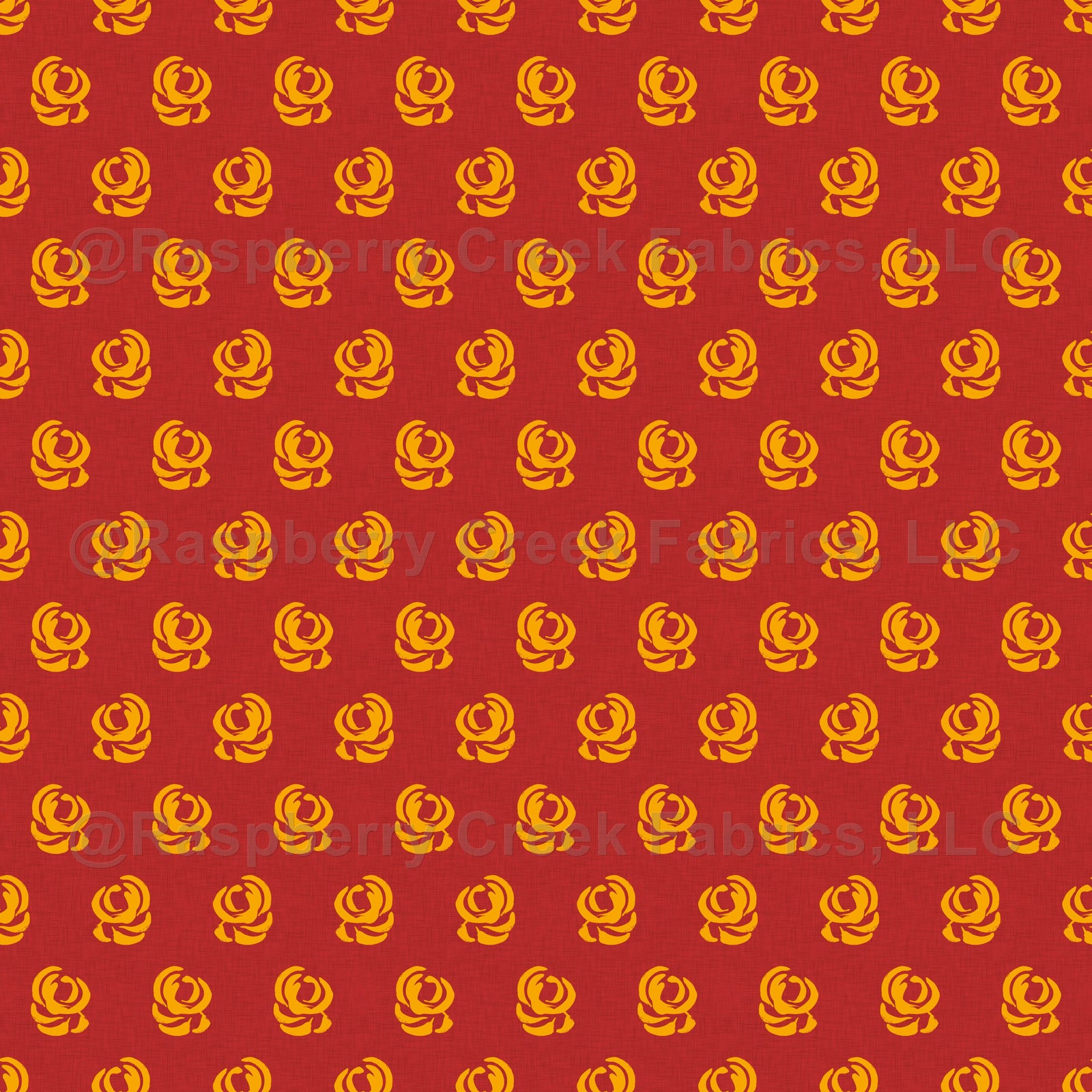 Hand-painted swirly yellow roses on red linen textured pattern