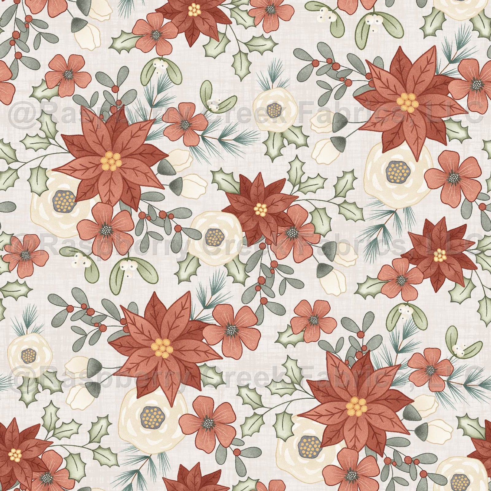 Feeling Jolly Christmas Floral White Fabric, Raspberry Creek Fabrics