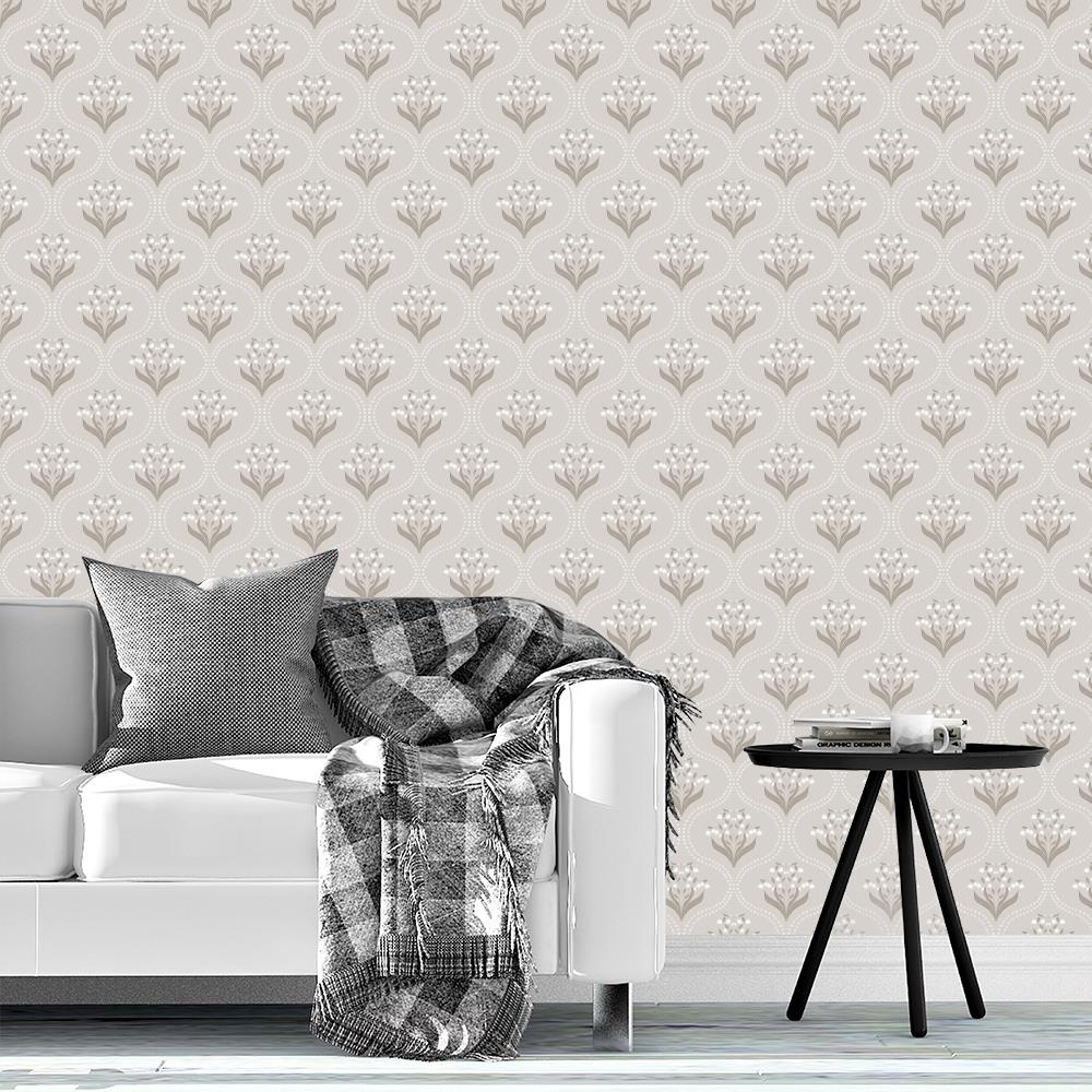 Lily of the Valley Ogee Taupe wallpaper design by Lisee Ree | floral ogee pattern in taupe and beige