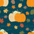 Pumpkin Patch Blue; Orange, green, and beige pumpkins on blue background; scattered fall leaves and acorns Image