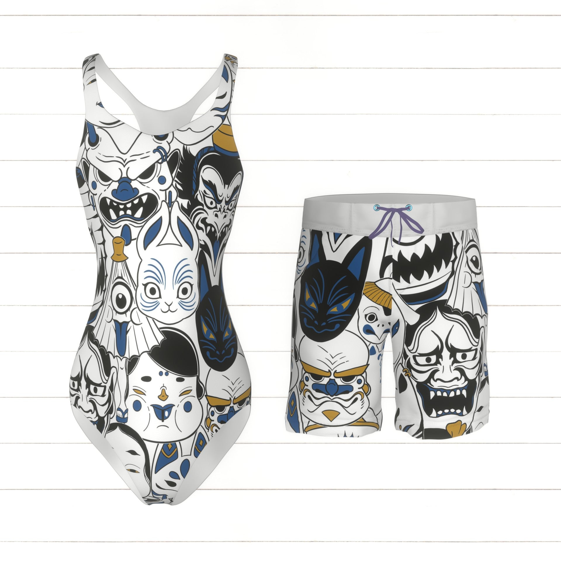 monsters fabric Japanese Mask Monsters Fabric, Raspberry Creek Fabrics
