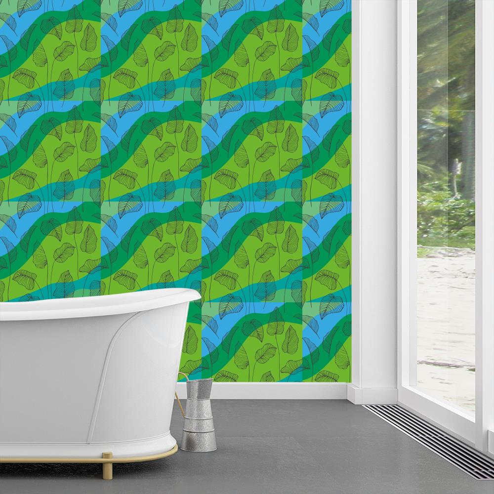 Blue and Green Tropical Wallpaper, Beach Collection, leaf design on waves of color, Colorful wallpaper