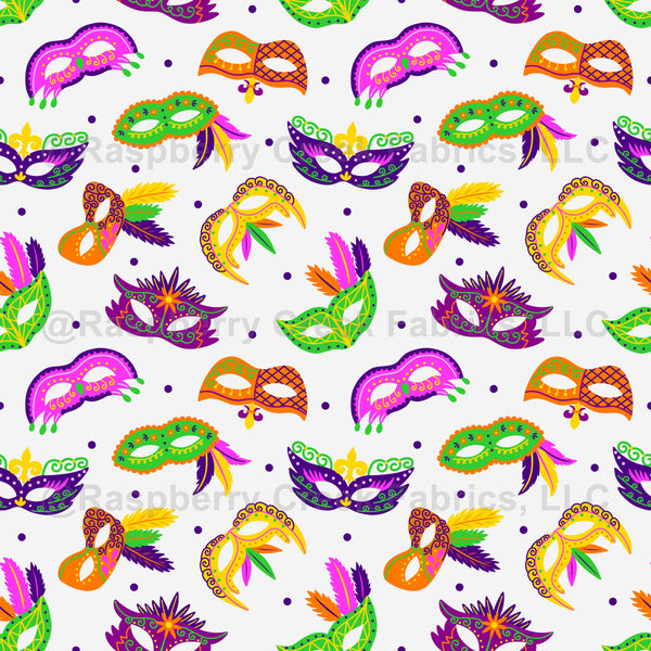 Mardi Gras Parade Masquerade Masks on White - Raspberry Creek Fabrics