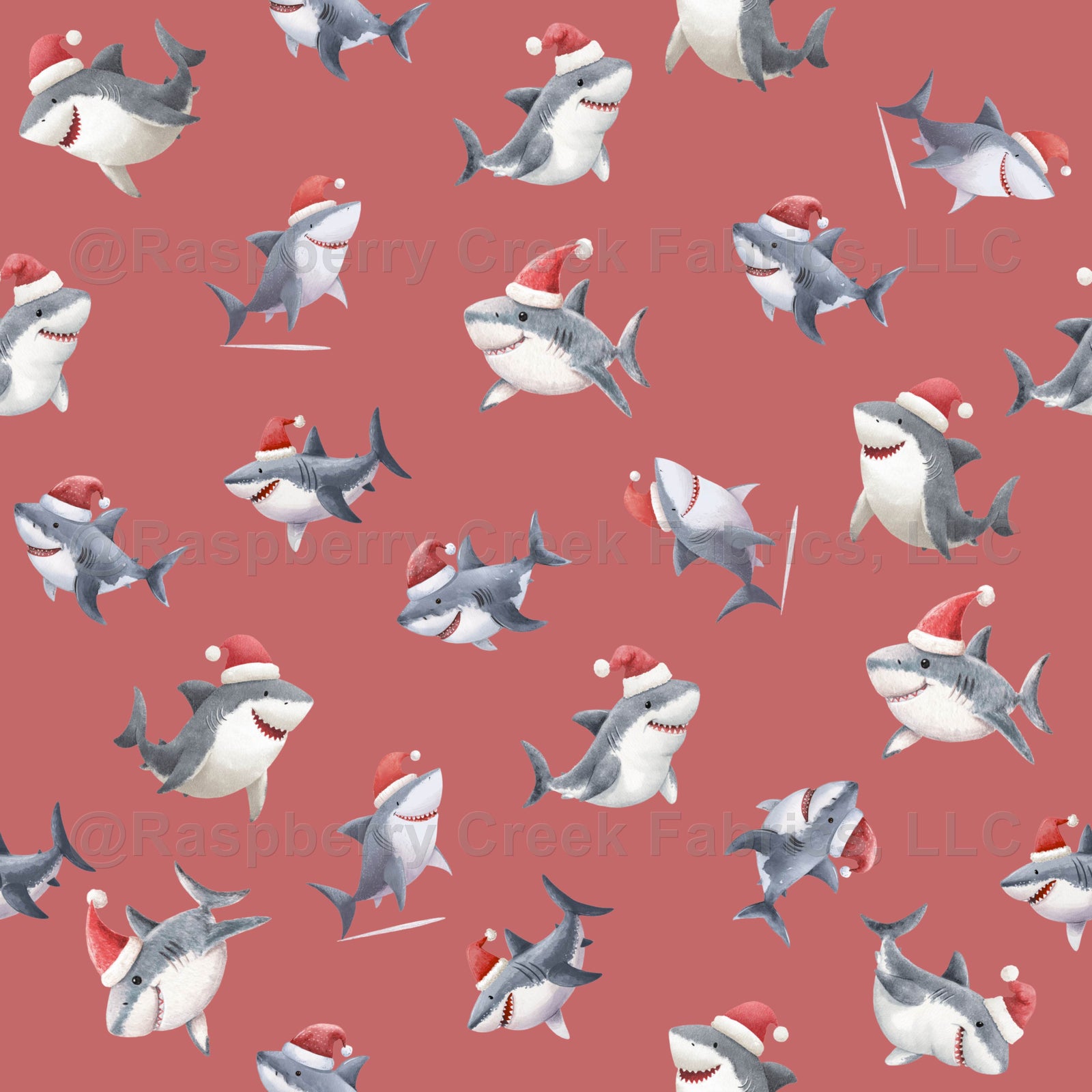 Tossed Christmas Sharks on Faded Red