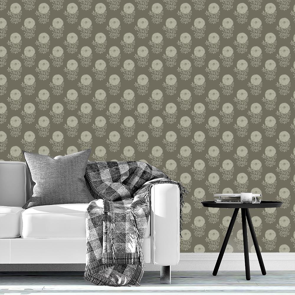 Edith Cream Folk Floral Block Print on Earthy Olive Wallpaper