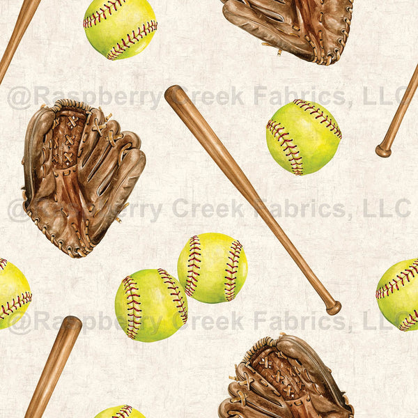 Softball Raspberry All Star Sports Softball Game on Textured Cream - Raspberry Creek Fabrics