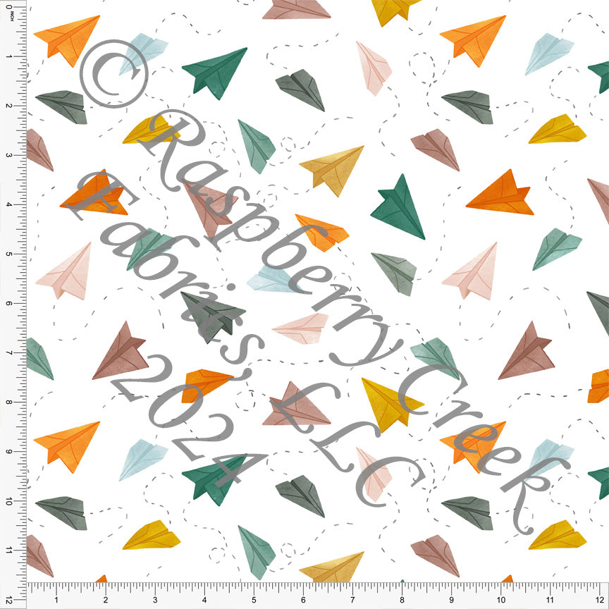 Light Hunter Green Orange Mustard Red and Mauve Paper Airplane Print Fabric, Back to School by Brittney Laidlaw for Club Fabrics