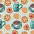 Painterly biscuits and tea, tea cups, chocolate chip cookies, cookies with sprinkles, and jelly cookies in pastel green Image