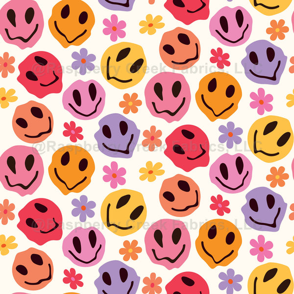 Trippy Melting Smiley Faces With Flowers - Raspberry Creek Fabrics