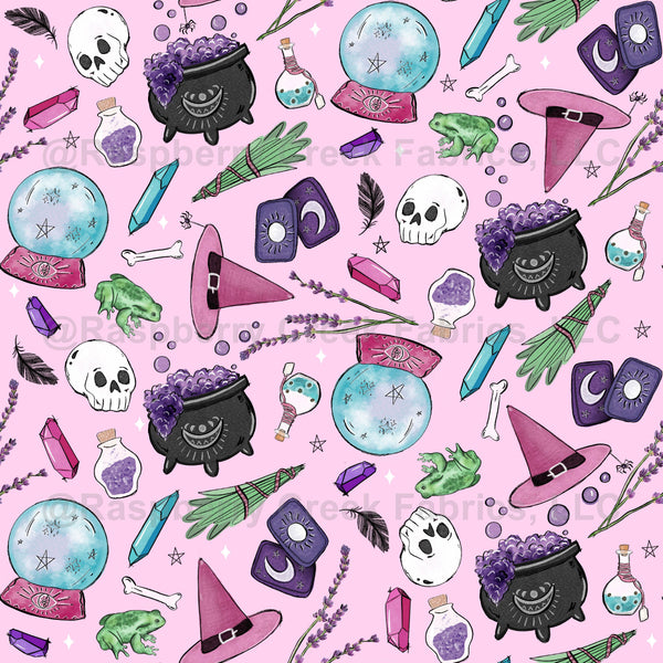 Witchcraft Raspberry Pink, watercolor, black, stars, witch, potions, witchy, magic, evil ey ...