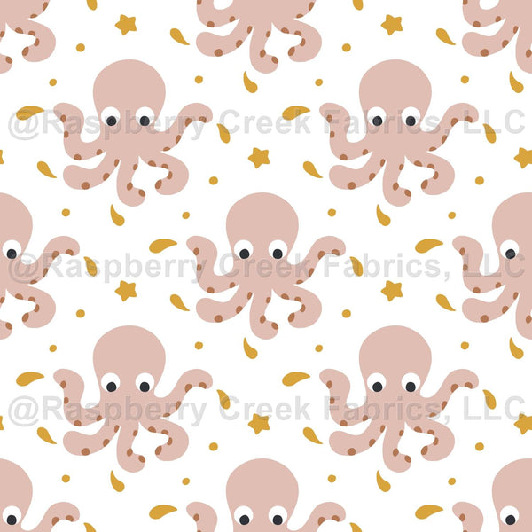 Cute pink octopuses on white background - Raspberry Creek Fabrics