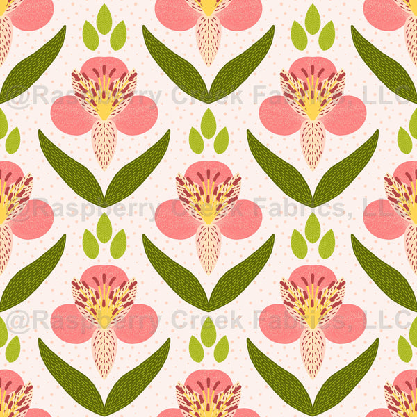 Inca Lily, pink flowers, green leaves - Raspberry Creek Fabrics