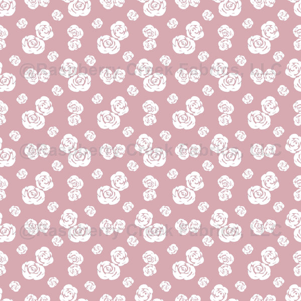Preppy Roses -White on Bubble Gum Pink - Raspberry Creek Fabrics