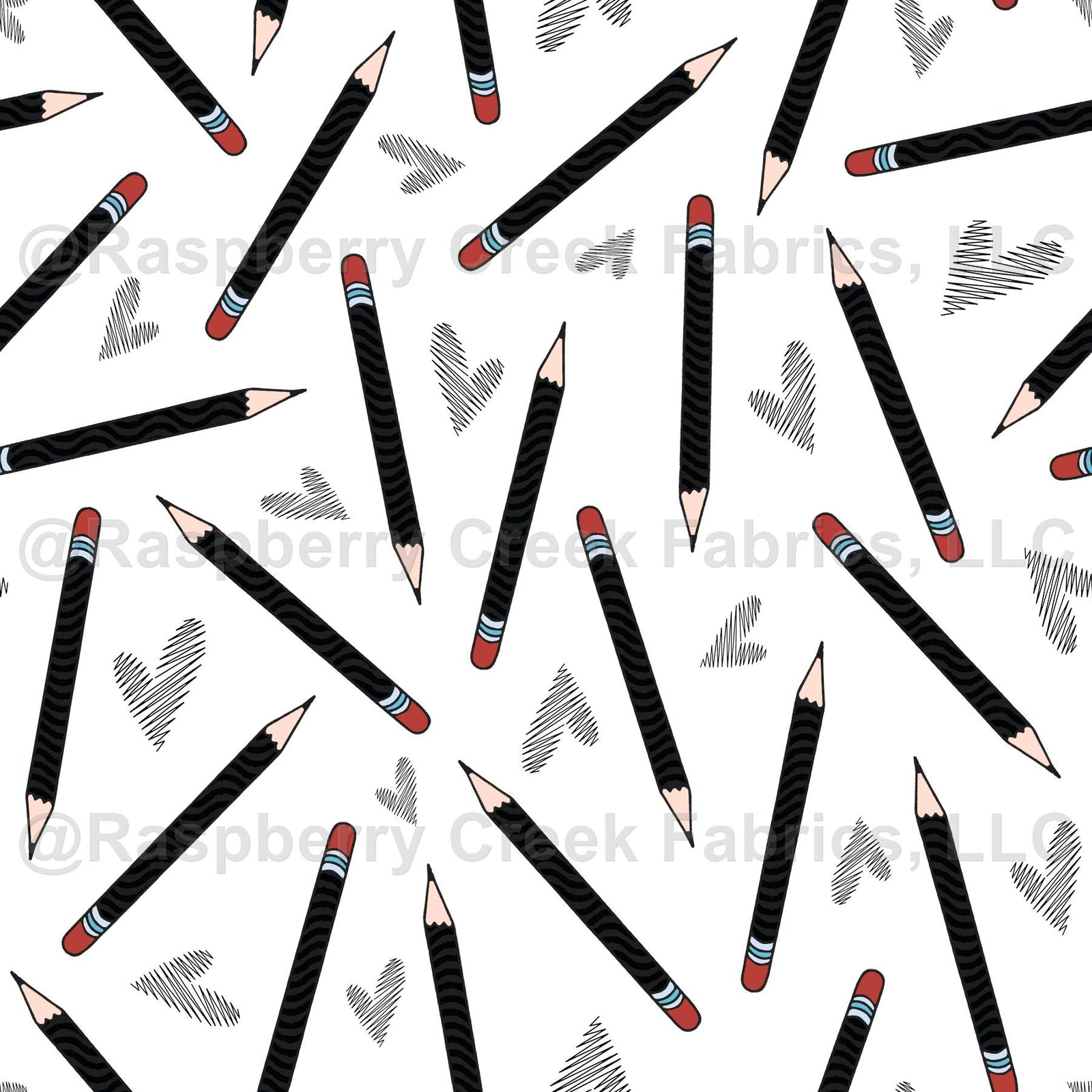 Tossed pencils, back to school allover print, gray black pencils, heart doodles kids children