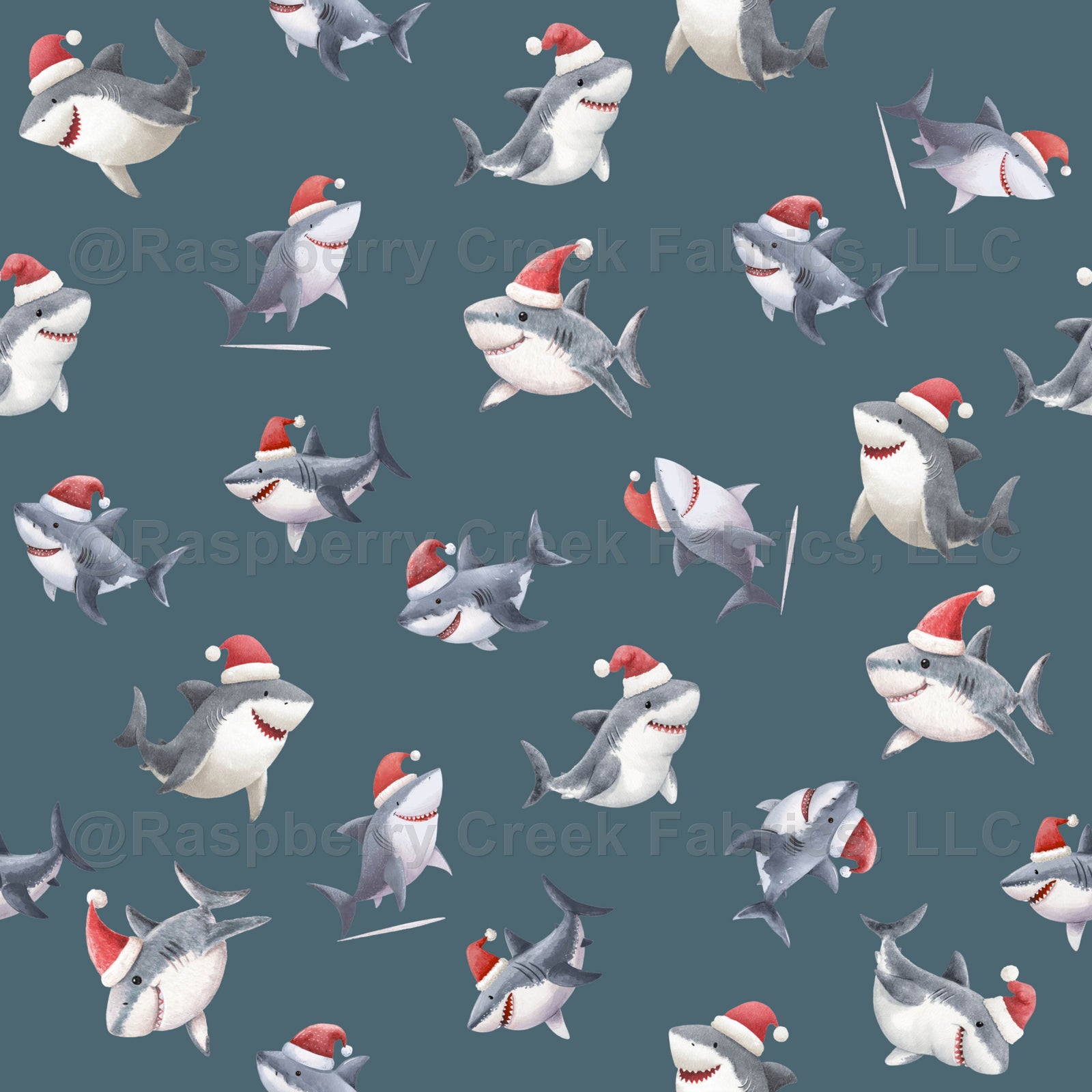 Tossed Christmas Sharks on Gray-Blue