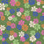 A Retro Love Flowers Collection Design Featuring Retro Style Green, Orange, Royal Blue, Pink and Pale Salmon Flowers Stacked on a Line Art Textured Green Background Image