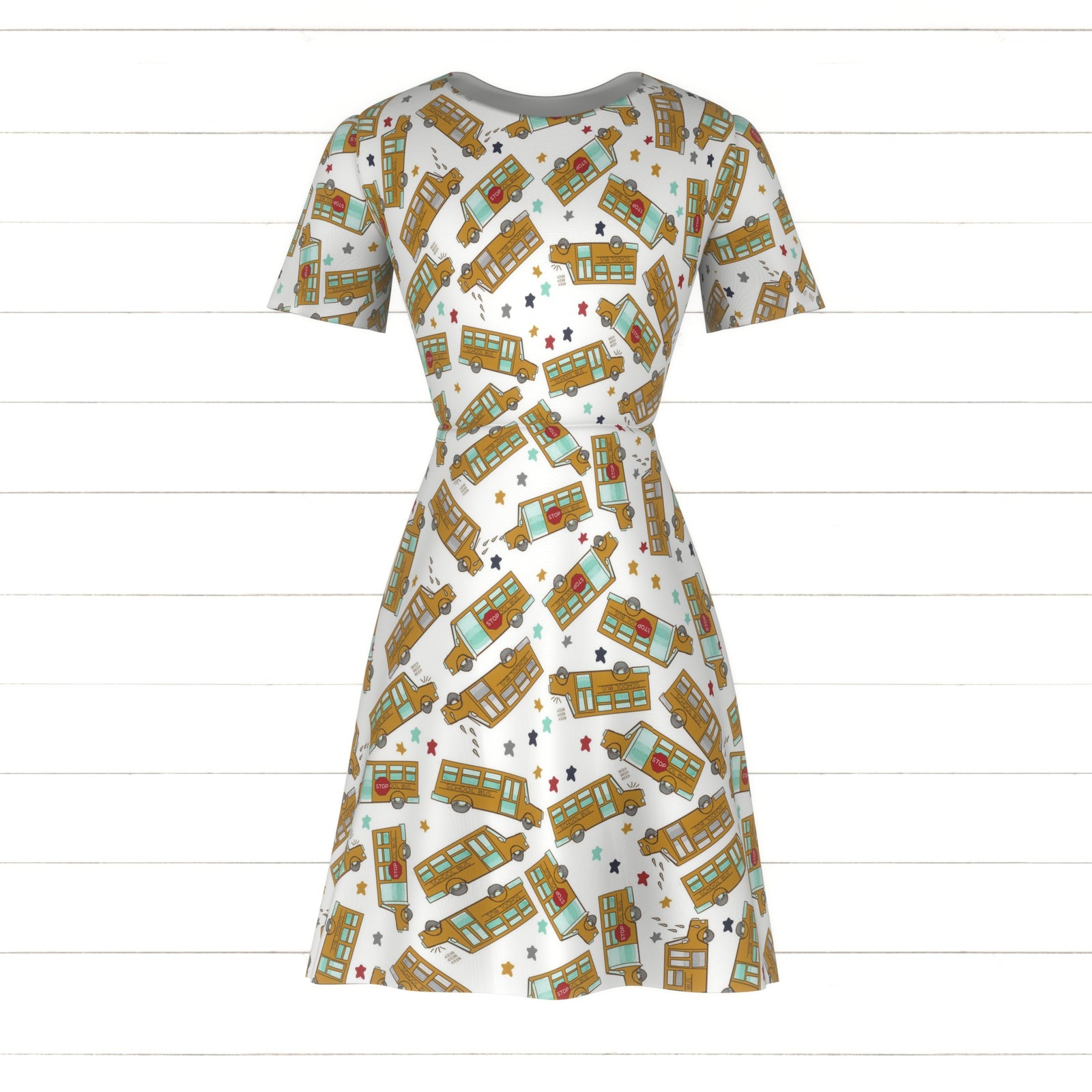 Mustard Mint Red Navy and Grey Tossed School Bus and Star Print Fabric, Back to School by Bri Powell