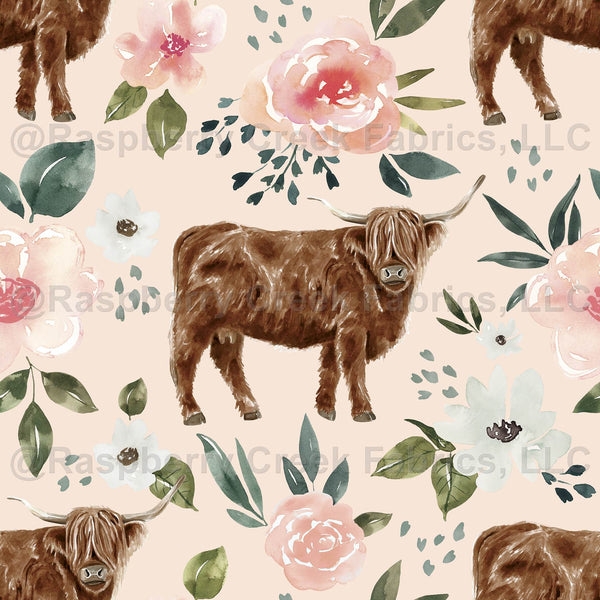 Vintage Spring Floral Highland Cow on Light Pink - Raspberry Creek Fabrics