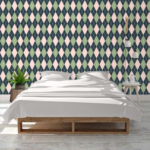 Preppy Argyle Diamonds, Pink and Green on Navy - Raspberry Creek Fabrics