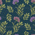 Little purple and mauve flowers and lots of leaf branches on a deep blue color background Image