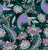 Indian style pattern design with Paisley and flowers motifs. Dark green and black background color with white, violet, peach colors in the motif. Seamless pattern. Image