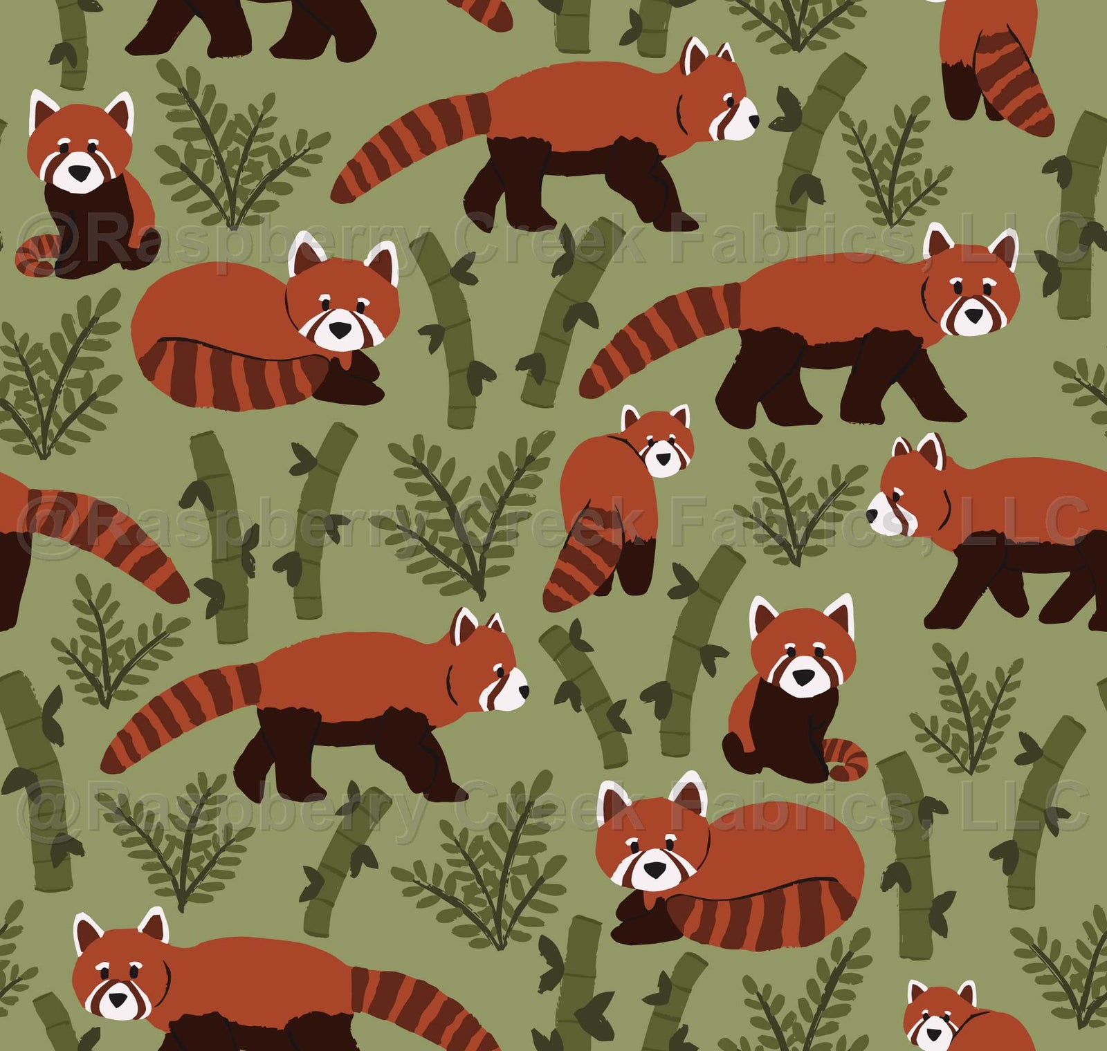 Red Pandas on the Bamboo Forest Floor in Light Sage Green