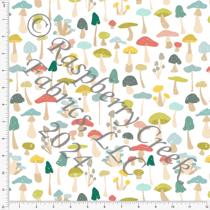 Tonal Blue Green Khaki Yellow and Pink Mushroom Print Fabric, Camping 2024 by Brittney Laidlaw for CLUB Fabrics