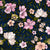 Soft Tropical Florals in shades of pink, peach, off white, & goldenrod on a navy blue background. Image