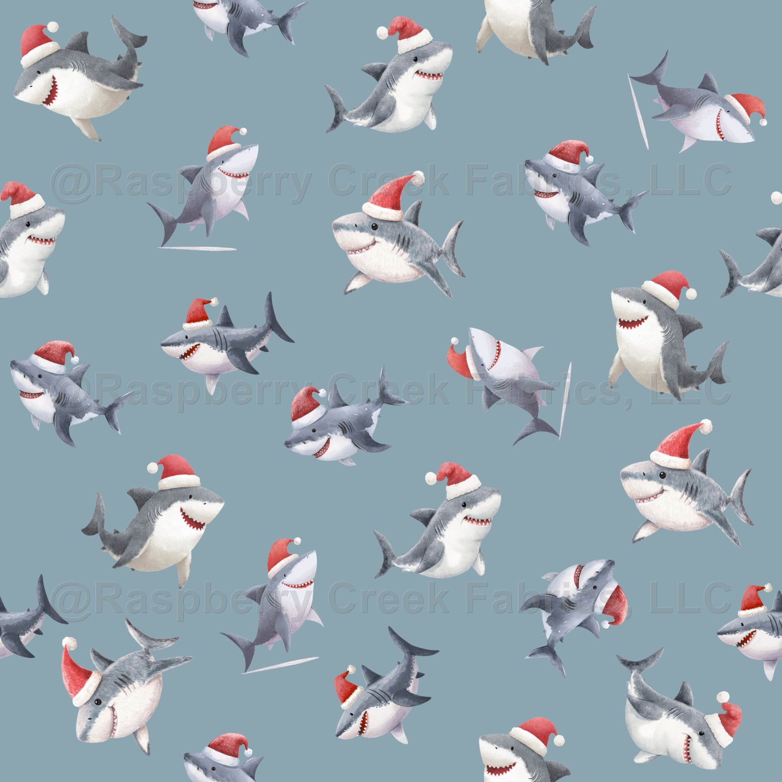 Tossed Christmas Sharks on Light Gray-Blue