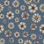 American Folksy Floral Tossed Khaki flowers with Bright Yellow centers and charcoal on denim Blue background Image