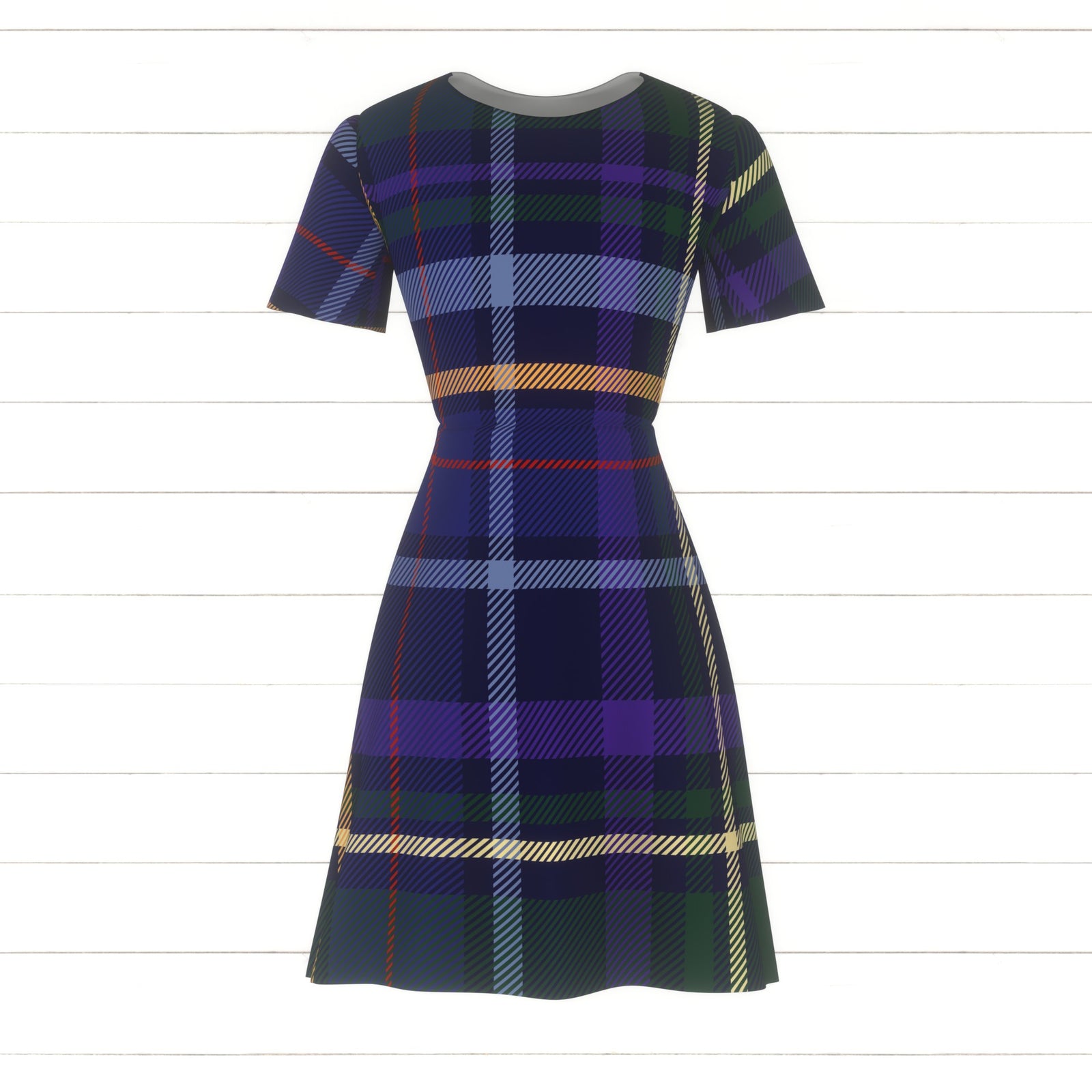 Large dark welsh style tartan. The colors depict the overall vibe of Wales: woods, meadows, sky, waters, bluebells, daffodils and the red dragon. Thinner orange, yellow and a red line, base colors in blue and green.