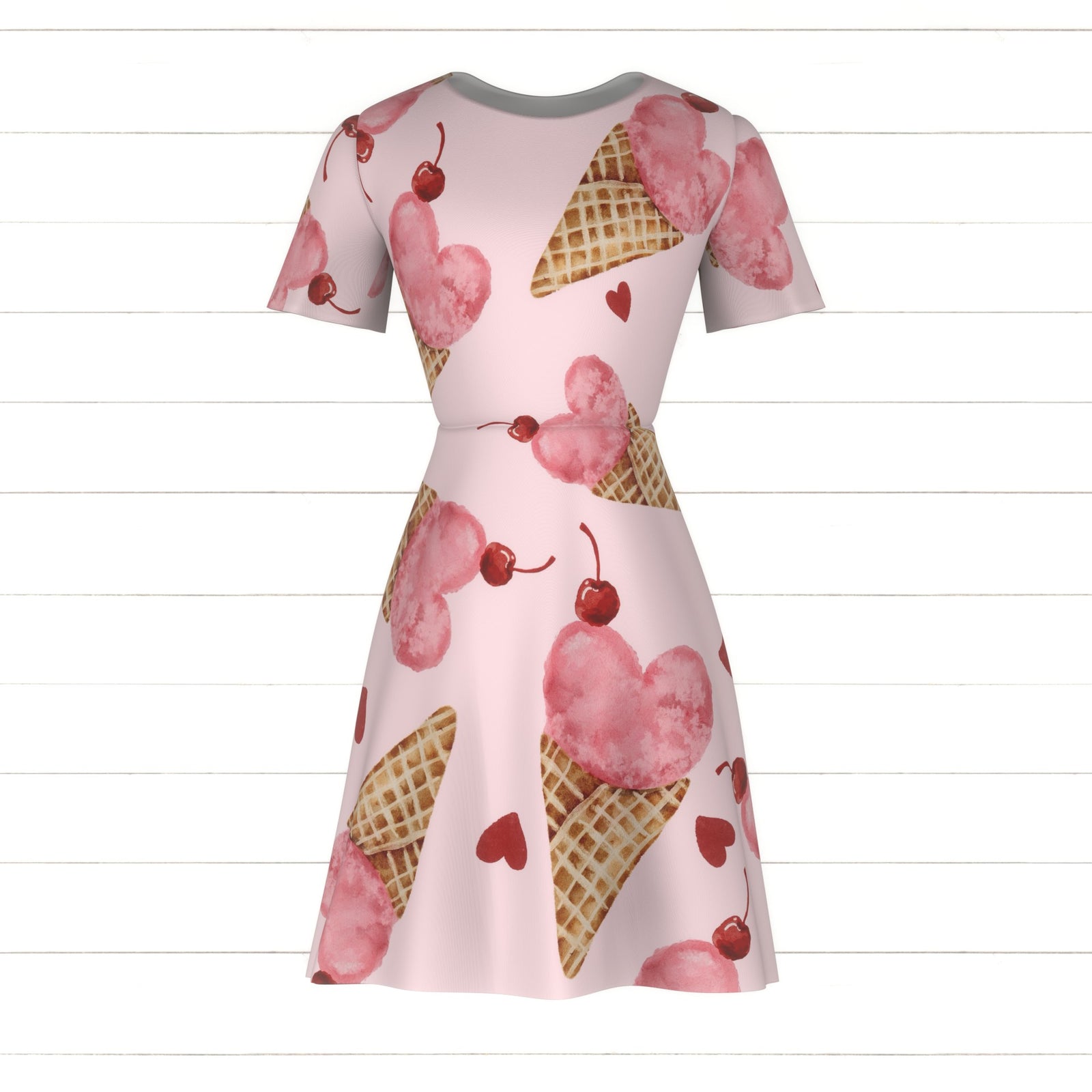 Pink, ice cream, Valentine’s Day, sweet, heart shape, cherries, waffle cone, women, kids, girls, red, watercolor