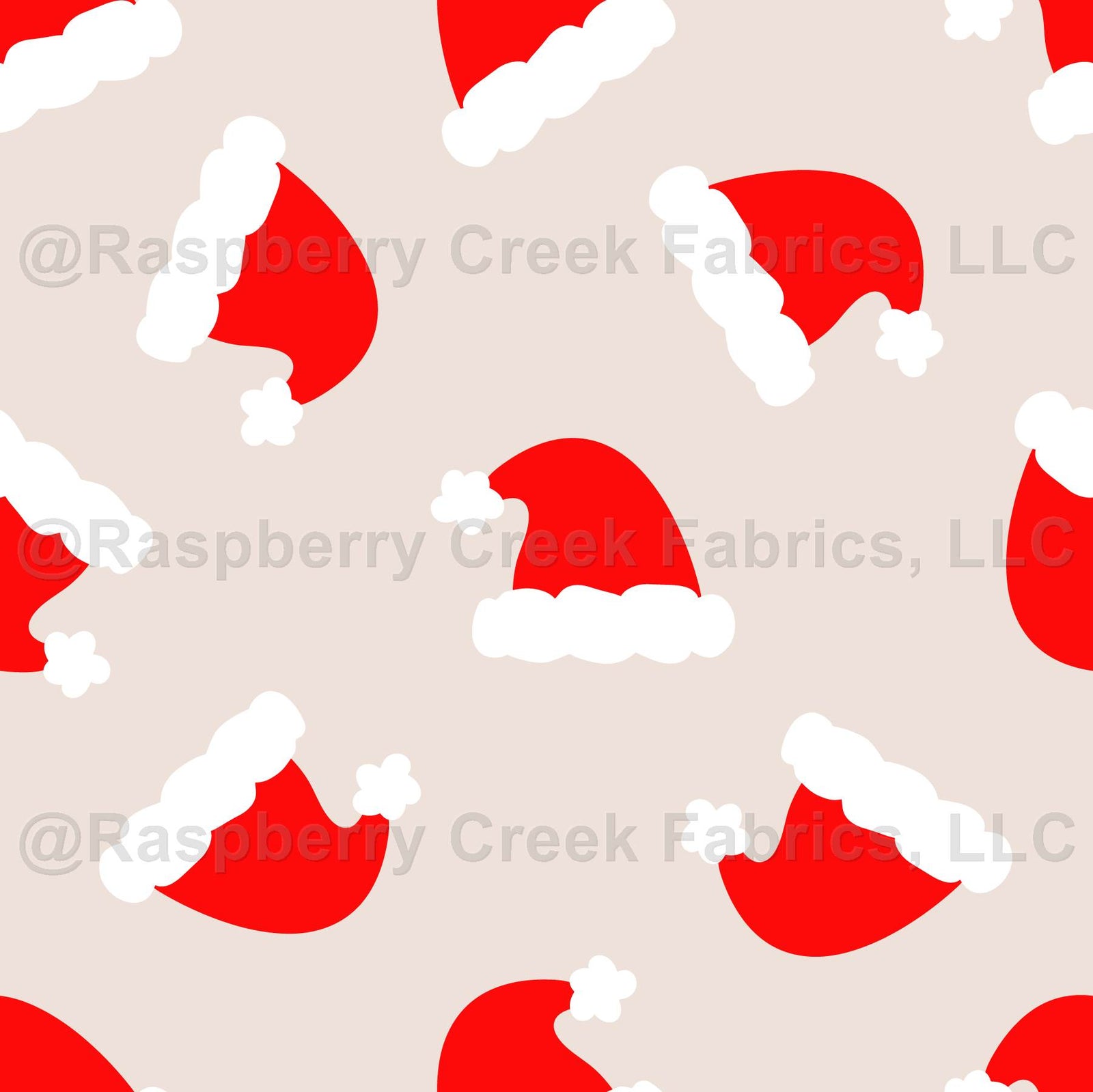 Bright red Santa hats tossed on neutral
