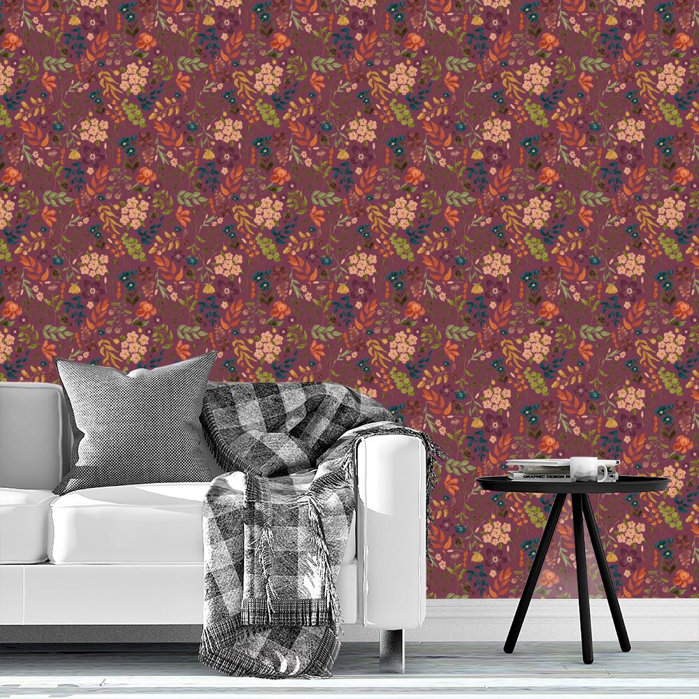 Watercolor Floral Wallpaper - Wildflowers Wallpaper - Violet Purple Background - Tossed Flowers - Among the Wildflowers Collection Wallpaper, Raspberry Creek Fabrics