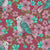 Mauve pink and teal bird with pink and teal flowers on a diamond shape layout and a dark pink color background. Image