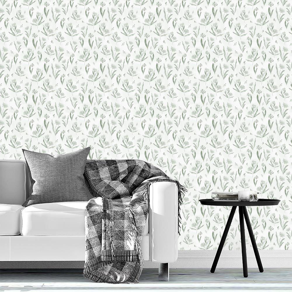 Happy Flowers Green wallpaper design by Lisee Ree | Happy painted green watercolor flowers dance across the painted background.