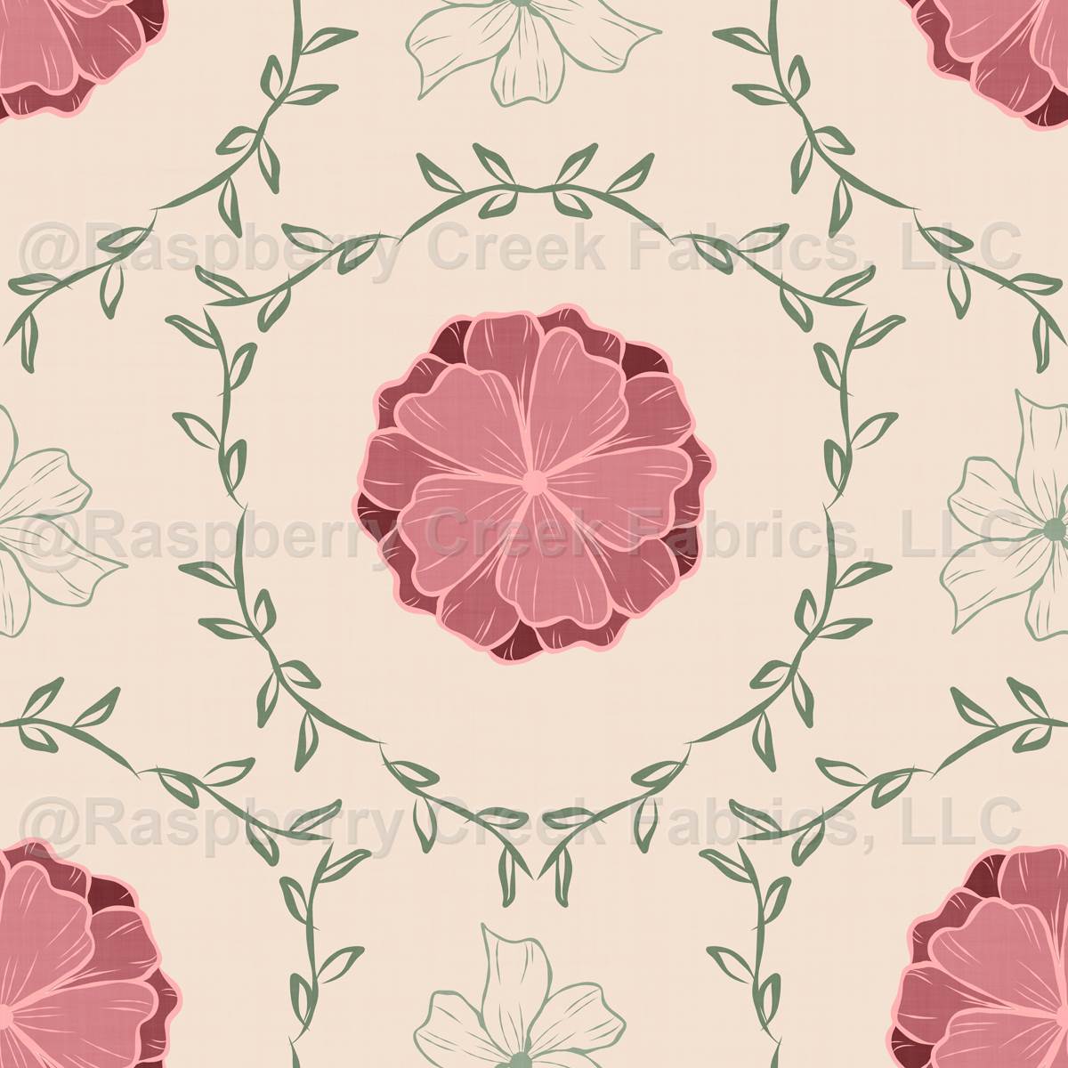 Elegant floral medallion soft pink flower vine botanicals neutral beige background