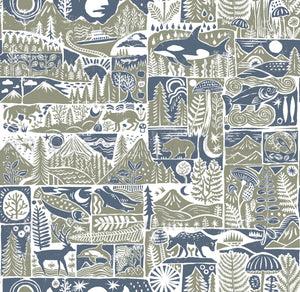Woodcut Raspberry Wildlife Woodcut Scenes in moss and sea - Raspberry Creek Fabrics