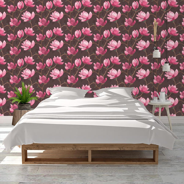 Magnolia on Brown Floral Block Print - Wallpaper - Raspberry Creek Fabrics