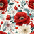 Bright Red Poppy Fabric, Botanical design, red and white flowers, bold and colorful, cheerful design, Bold and Beautiful Collection Image