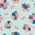 A Teal Green Background Scattered with Folk Flower Bouquets of Pink, Orange, and Blue Flowers and Tiny Pink Flower Fillers Image