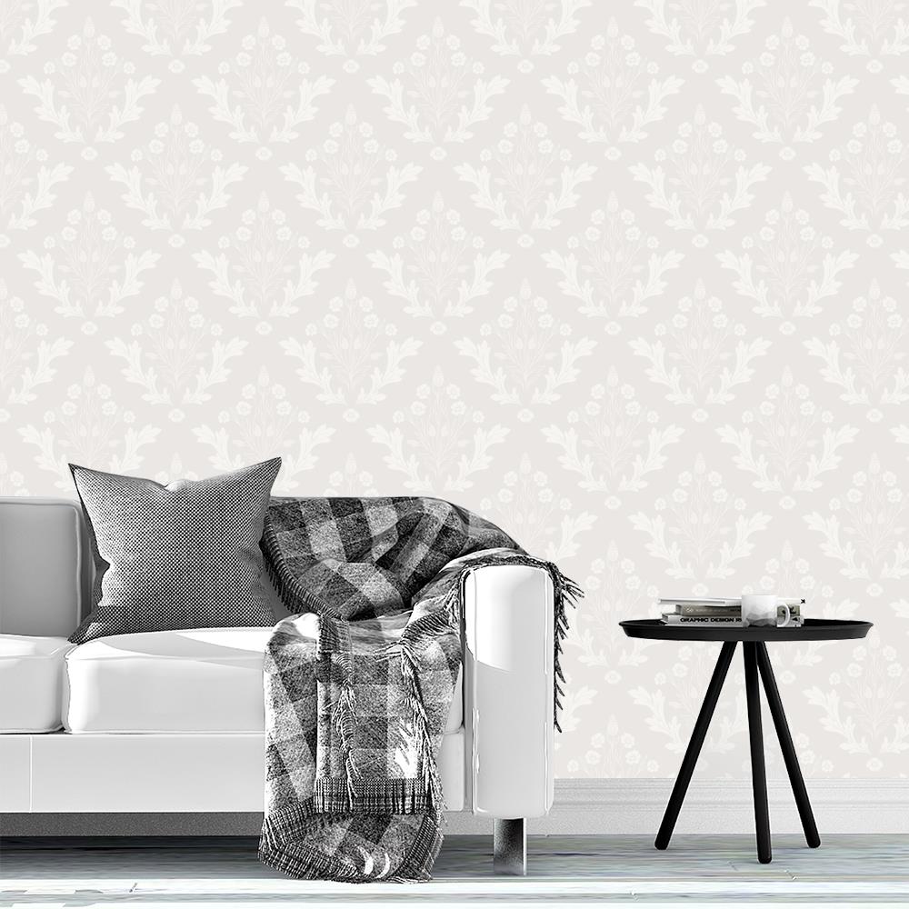 Meadow Finds Damask Greige wallpaper design by Lisee Ree | Ivory, beige, taupe, neutral, greige flower damask pattern. Traditional, 2-tone pattern.