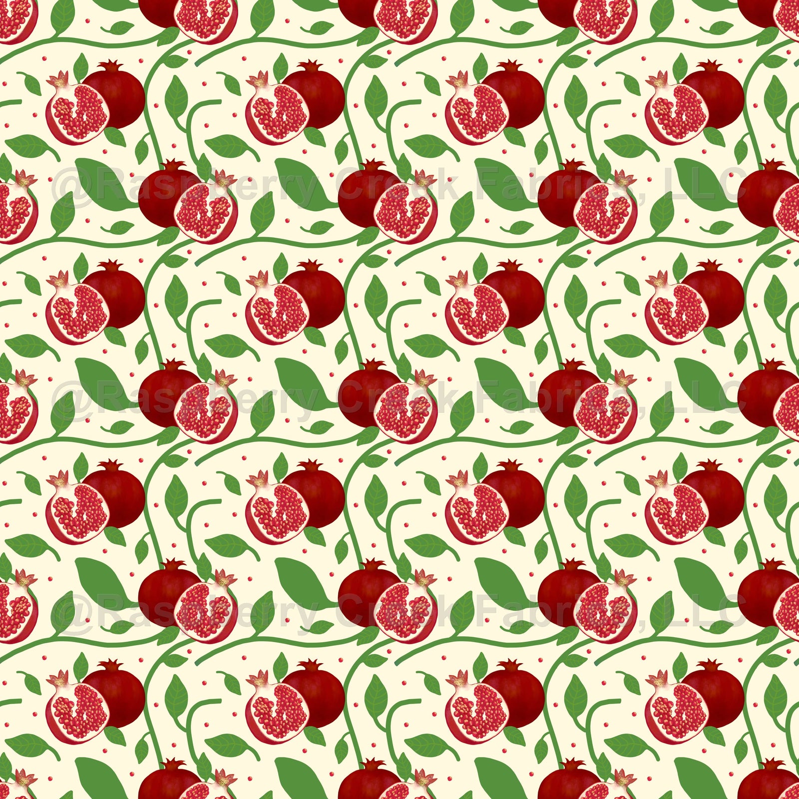 Red Pomegranates and Green Botanicals on Cream