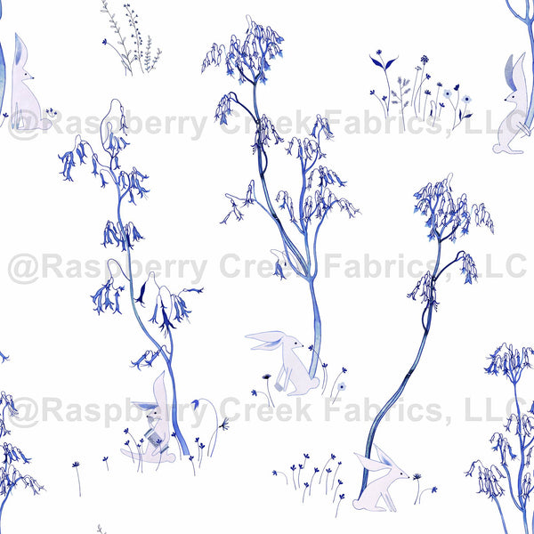 white rabbits and blue flowers - Raspberry Creek Fabrics