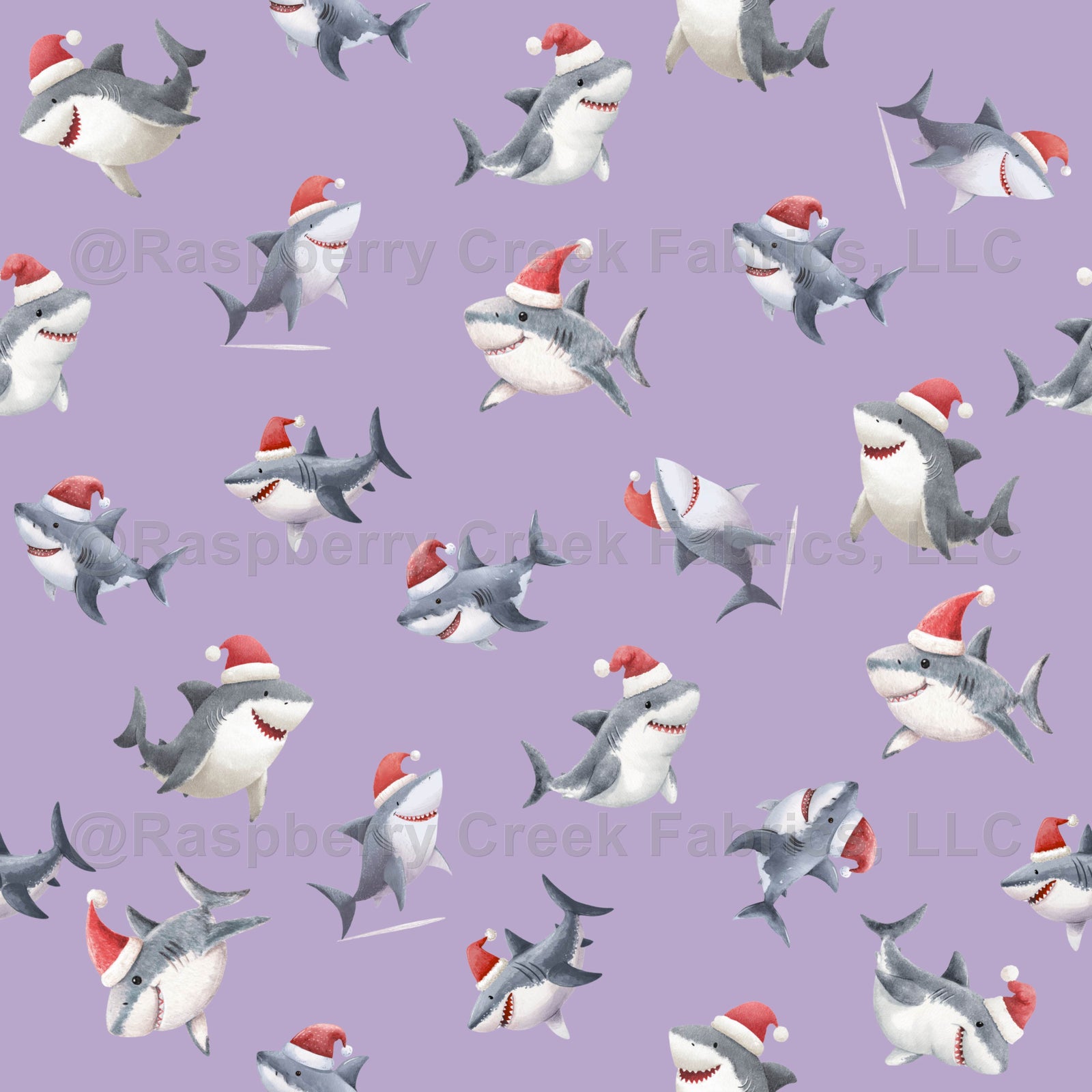 Tossed Christmas Sharks on Light Purple