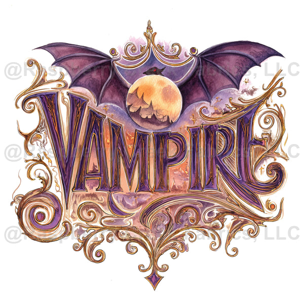 Vampire Letters And Full Moon With Bat Wings And Ornate Gold Scrolling ...