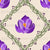 Painterly purple crocus flower surrounded by a diamond shape vine and simple purple dots on a light beige background Image